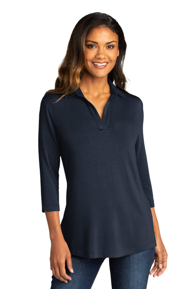 Port Authority LK5601 Womens Luxe Knit 3/4 Sleeve Polo Shirt River Navy Blue Model Front