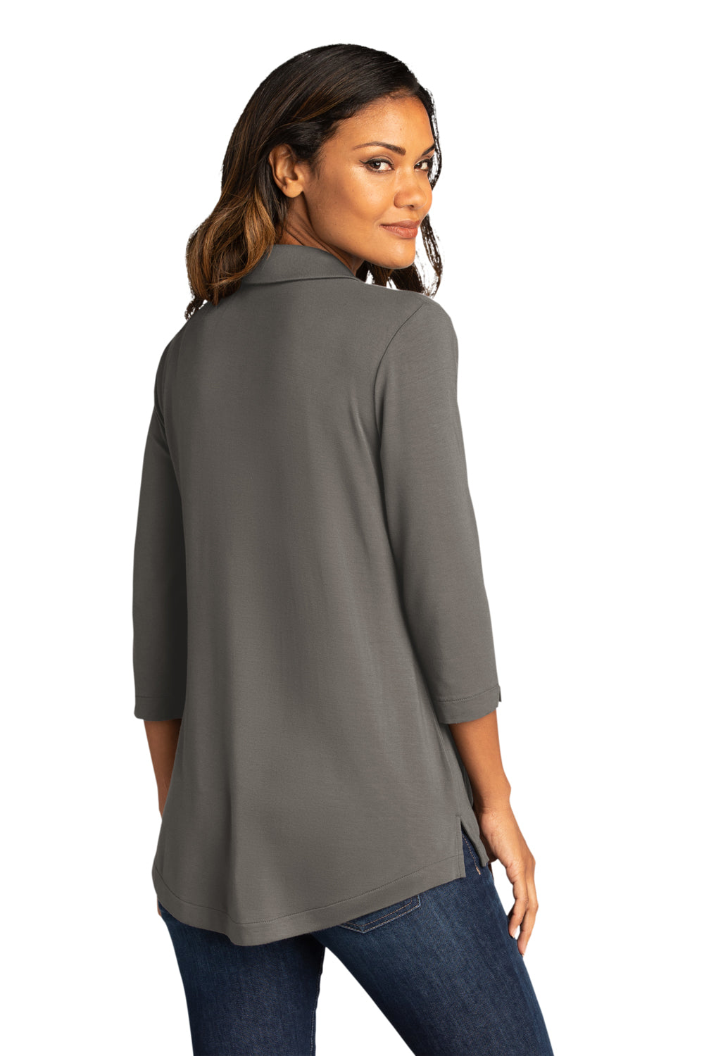 Port Authority LK5601 Womens Luxe Knit 3/4 Sleeve Polo Shirt Sterling Grey Model Back