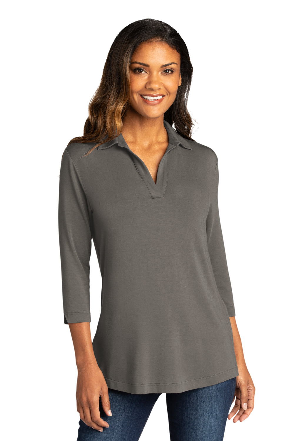 Port Authority LK5601 Womens Luxe Knit 3/4 Sleeve Polo Shirt Sterling Grey Model Front