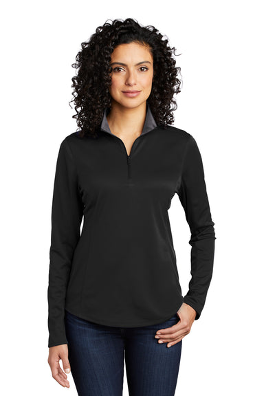 Port Authority LK584 Womens Silk Touch Performance Moisture Wicking 1/4 Zip Sweatshirt Black/Steel Grey Model Front