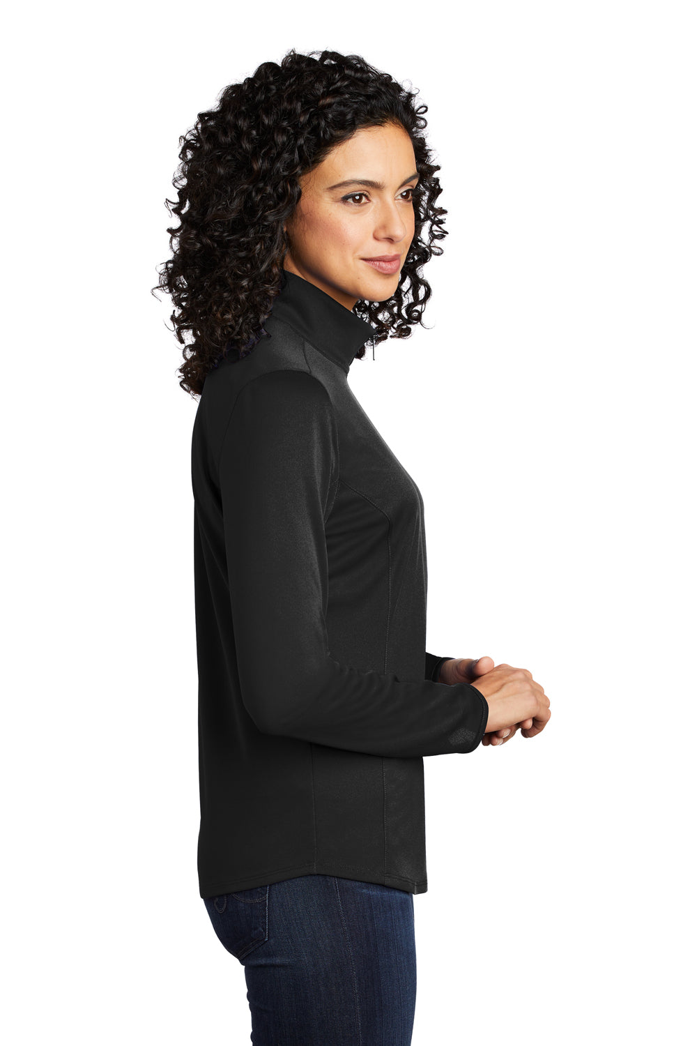 Port Authority LK584 Womens Silk Touch Performance Moisture Wicking 1/4 Zip Sweatshirt Black/Steel Grey Model Side