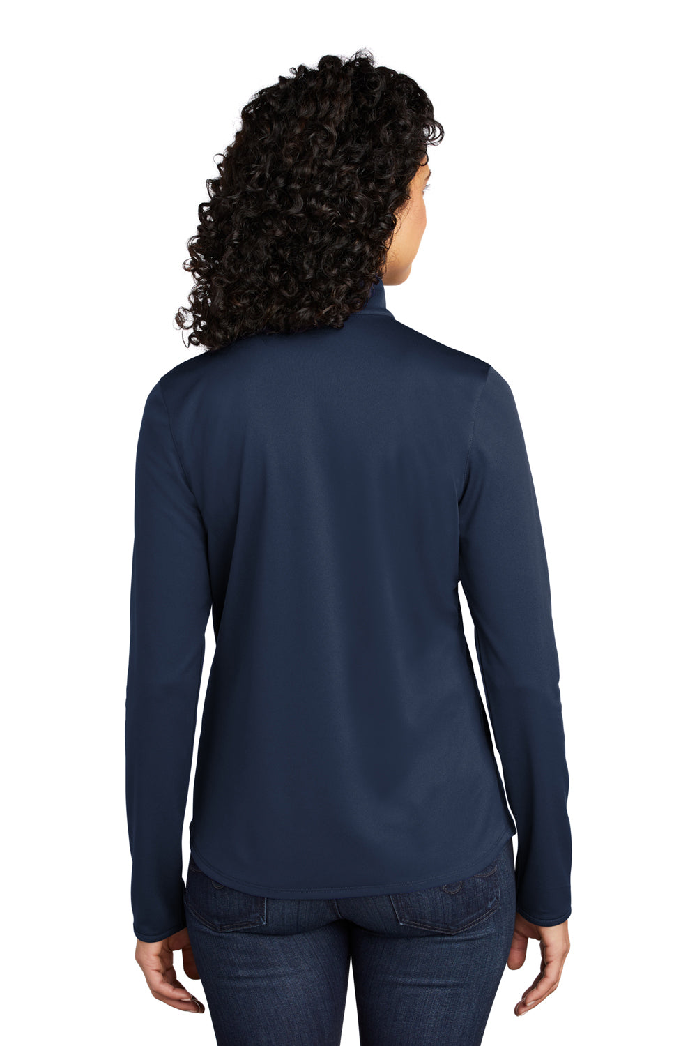 Port Authority LK584 Womens Silk Touch Performance Moisture Wicking 1/4 Zip Sweatshirt Navy Blue/Steel Grey Model Back