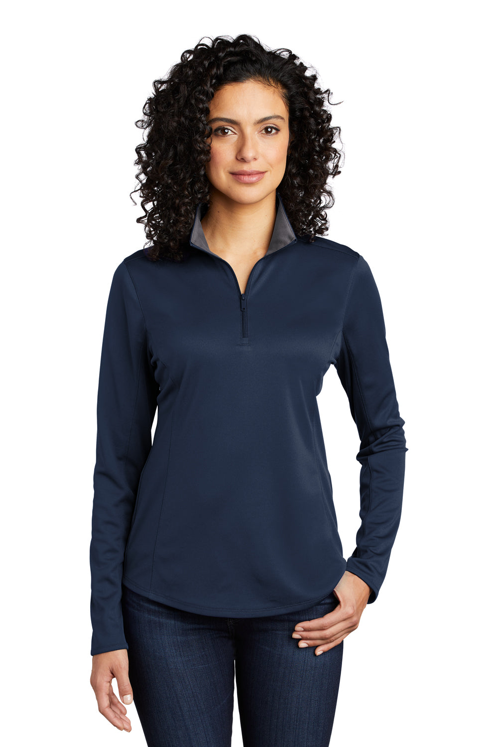 Port Authority LK584 Womens Silk Touch Performance Moisture Wicking 1/4 Zip Sweatshirt Navy Blue/Steel Grey Model Front