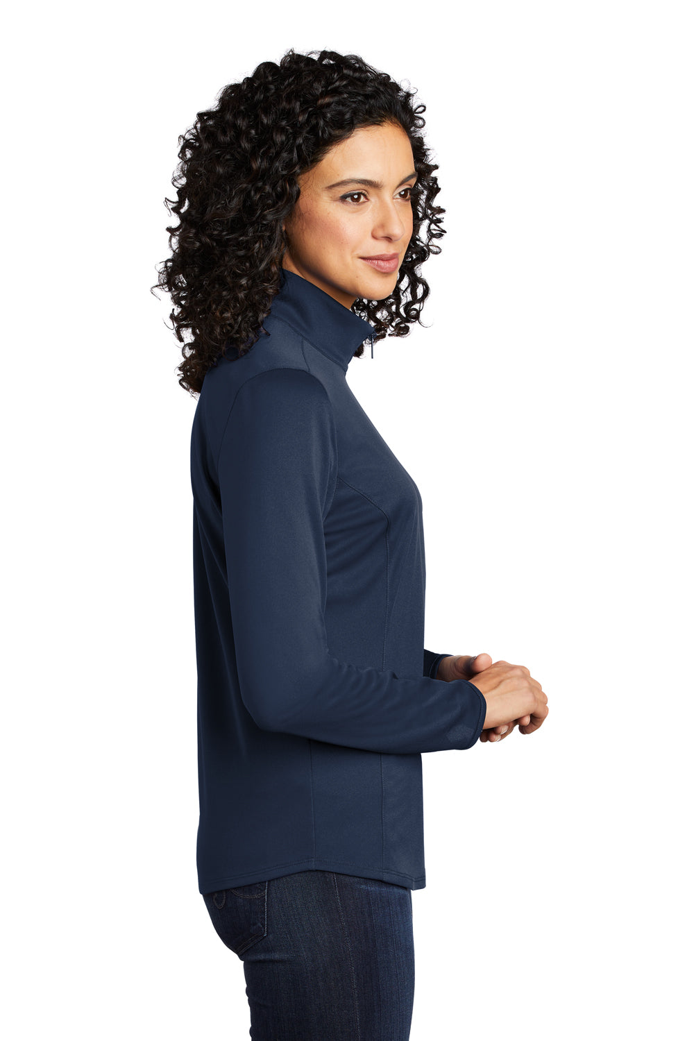 Port Authority LK584 Womens Silk Touch Performance Moisture Wicking 1/4 Zip Sweatshirt Navy Blue/Steel Grey Model Side