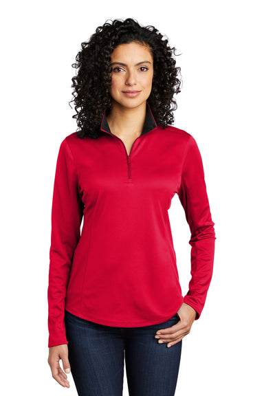 Port Authority LK584 Womens Silk Touch Performance Moisture Wicking 1/4 Zip Sweatshirt Red/Black Model Front