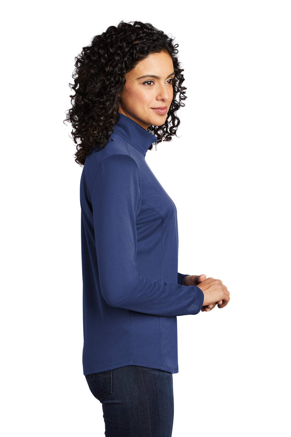 Port Authority LK584 Womens Silk Touch Performance Moisture Wicking 1/4 Zip Sweatshirt Royal Blue/Steel Grey Model Side