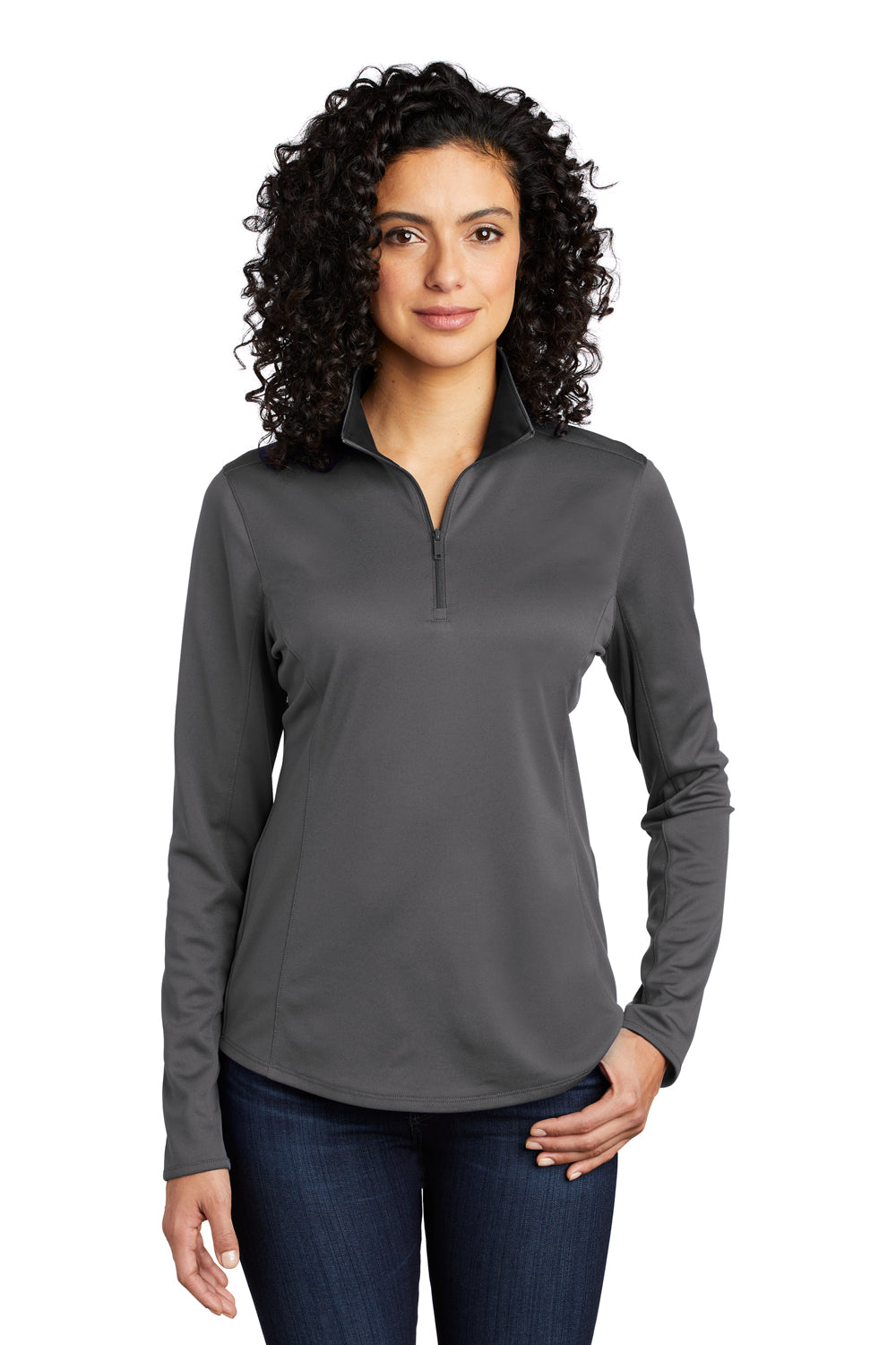 Port Authority LK584 Womens Silk Touch Performance Moisture Wicking 1/4 Zip Sweatshirt Steel Grey/Black Model Front