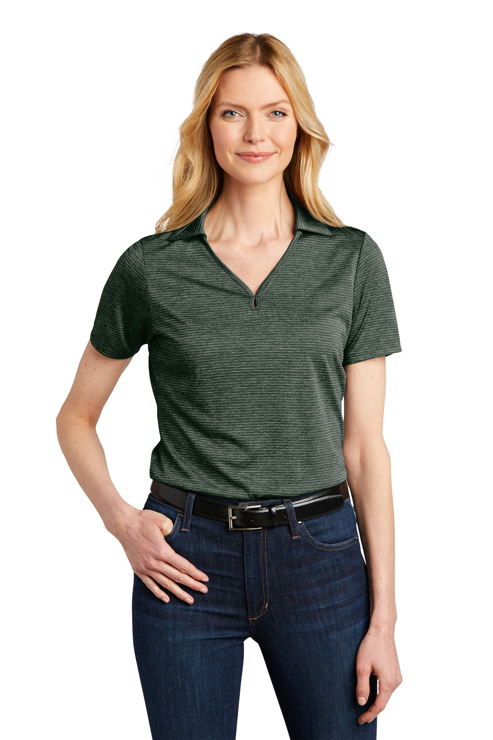 Port Authority LK585 Womens Moisture Wicking Shadow Stripe Short Sleeve Polo Shirt Deep Forest Green Model Front