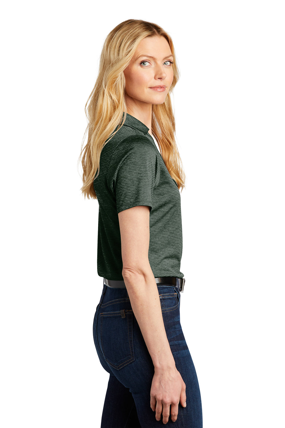 Port Authority LK585 Womens Moisture Wicking Shadow Stripe Short Sleeve Polo Shirt Deep Forest Green Model Side