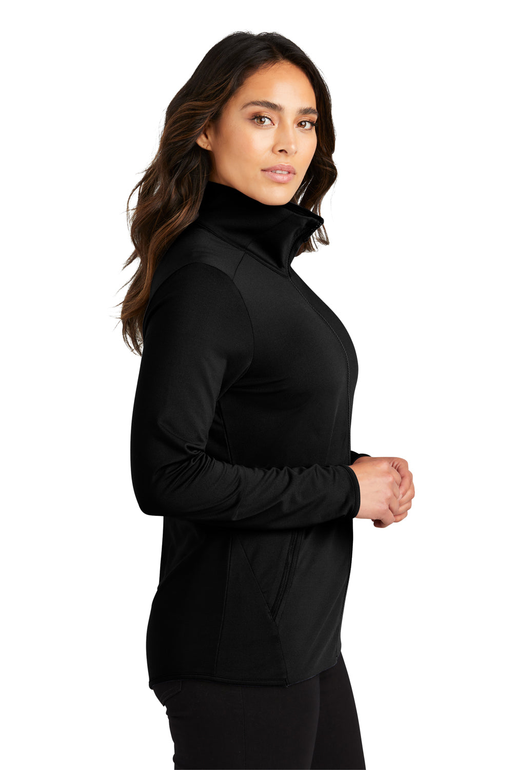 Port Authority LK595 Womens Accord Stretch Moisture Wicking Fleece Full Zip Jacket Black Model Side