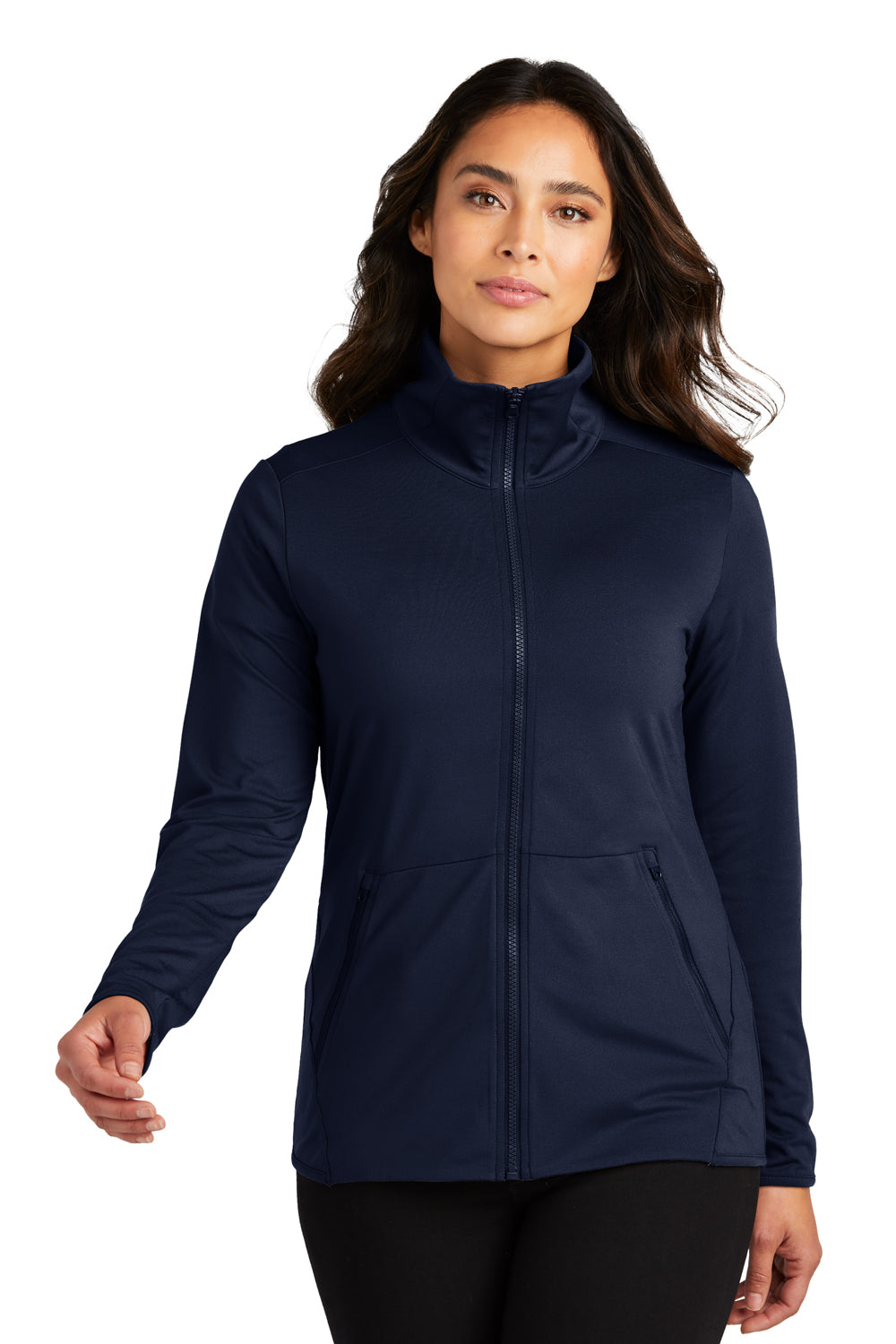 Port Authority LK595 Womens Accord Stretch Moisture Wicking Fleece Full Zip Jacket Navy Blue Model Front