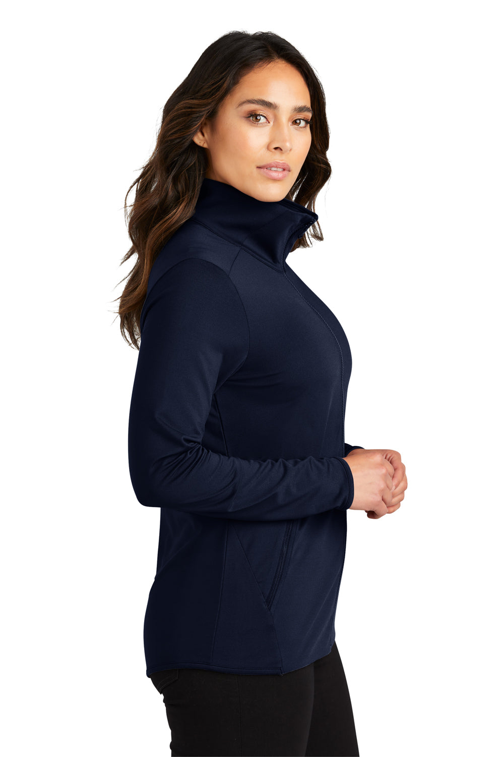 Port Authority LK595 Womens Accord Stretch Moisture Wicking Fleece Full Zip Jacket Navy Blue Model Side