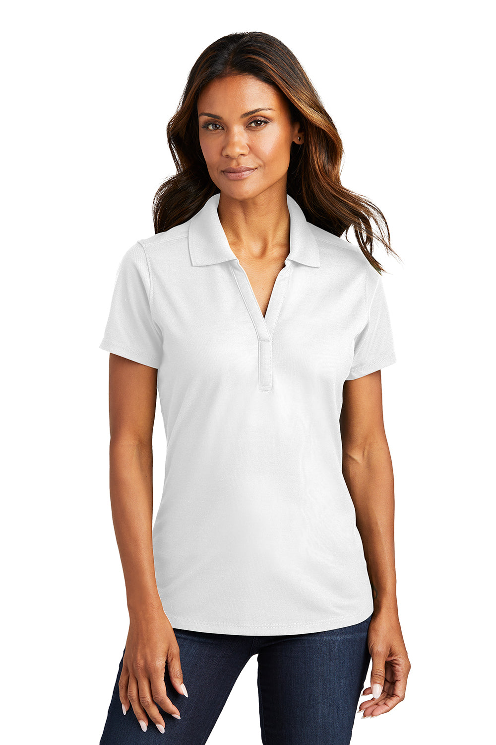 Port Authority LK600 Womens EZPerformance Moisture Wicking Short Sleeve Polo Shirt White Model Front