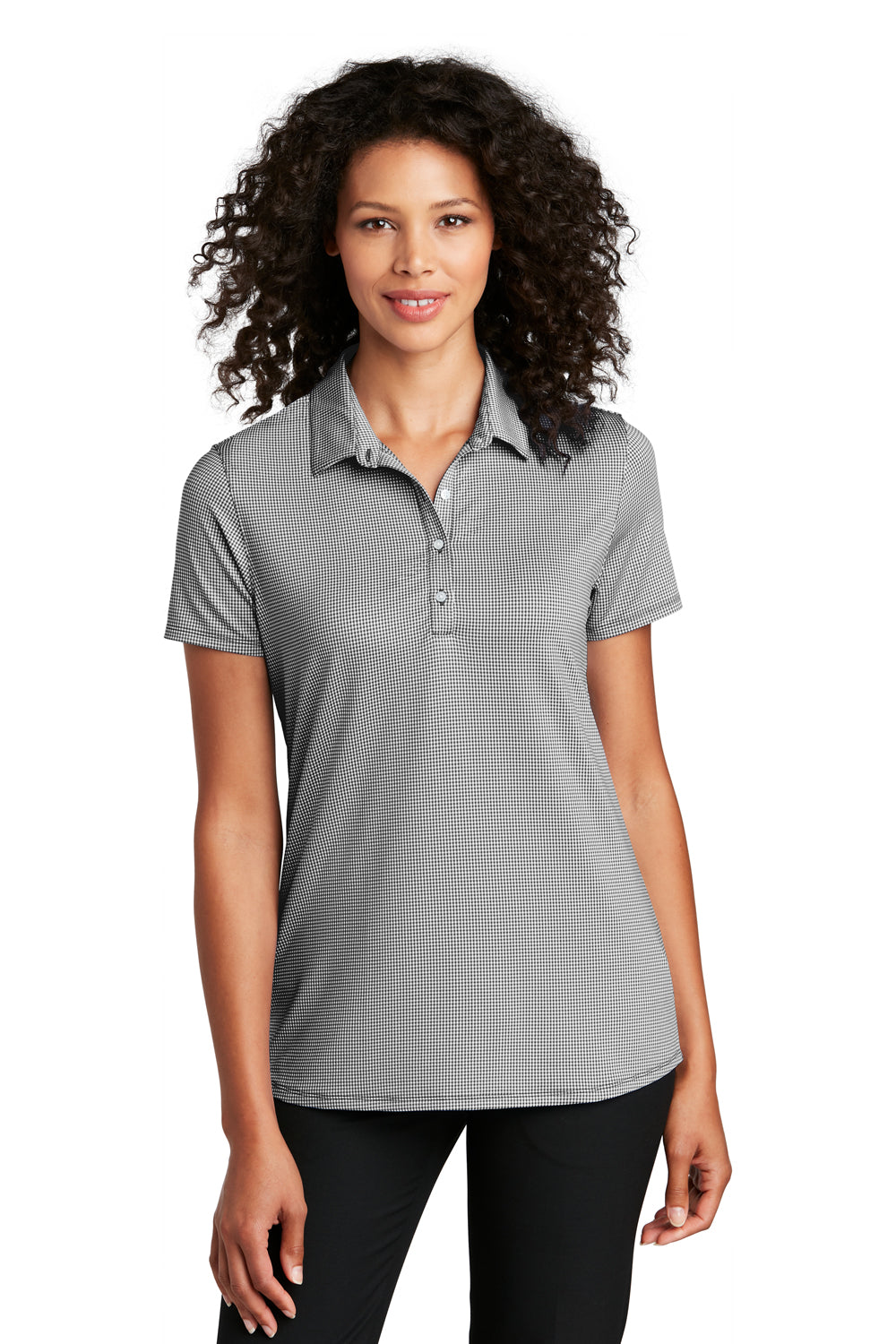 Port Authority LK646 Womens Gingham Moisture Wicking Short Sleeve Polo Shirt Black/White Model Front