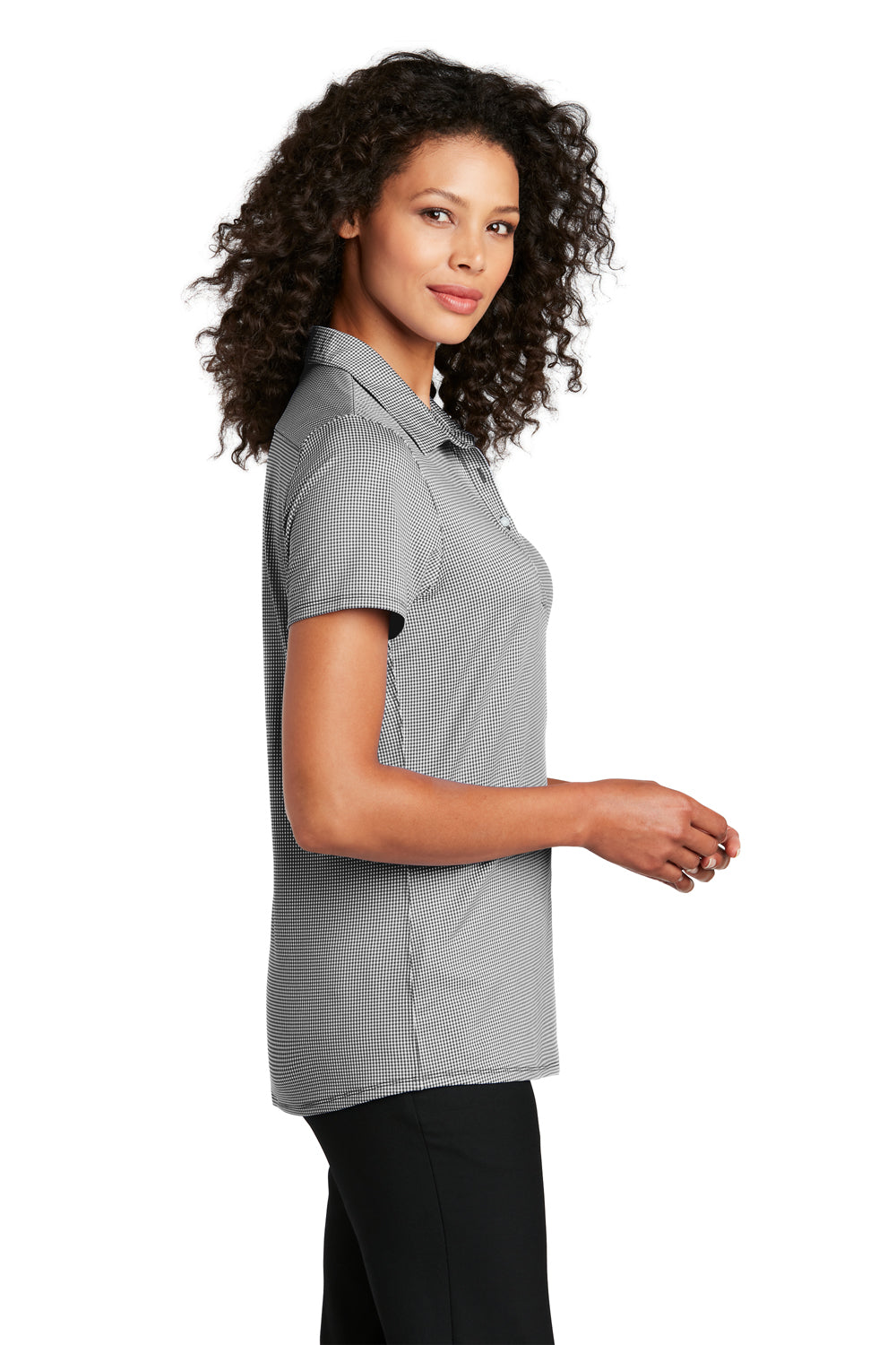 Port Authority LK646 Womens Gingham Moisture Wicking Short Sleeve Polo Shirt Black/White Model Side