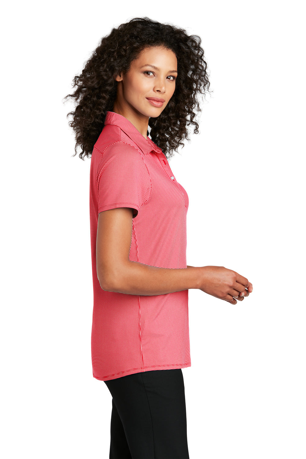 Port Authority LK646 Womens Gingham Moisture Wicking Short Sleeve Polo Shirt Rich Red/White Model Side