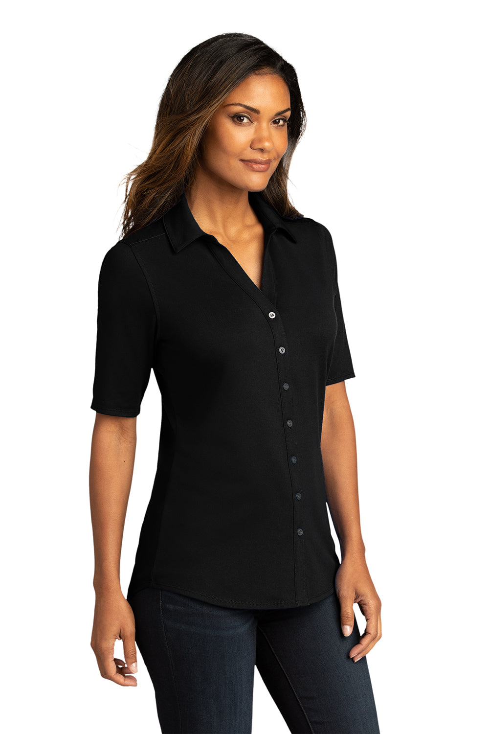 Port Authority LK682 Womens City Moisture Wicking Short Sleeve Button Down Shirt Black Model 3q