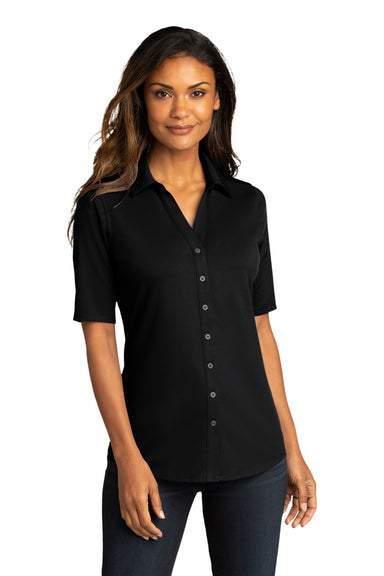 Port Authority LK682 Womens City Moisture Wicking Short Sleeve Button Down Shirt Black Model Front