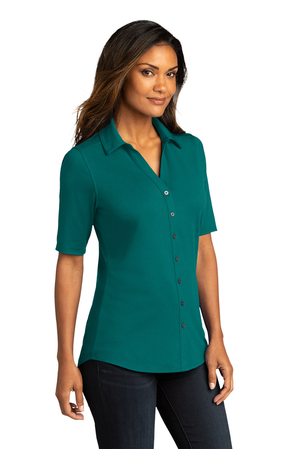 Port Authority LK682 Womens City Moisture Wicking Short Sleeve Button Down Shirt Dark Teal Green Model 3q