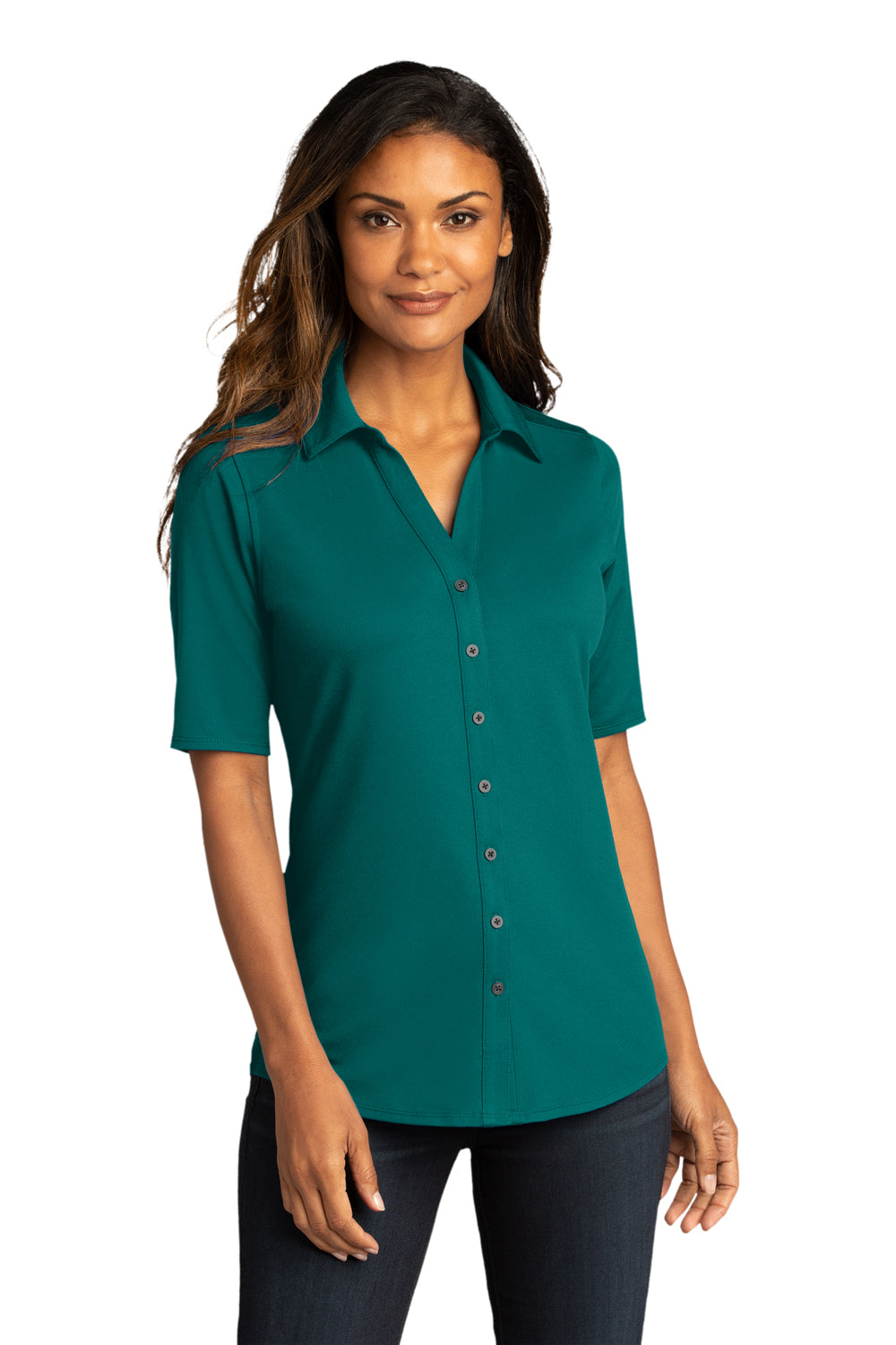 Port Authority LK682 Womens City Moisture Wicking Short Sleeve Button Down Shirt Dark Teal Green Model Front