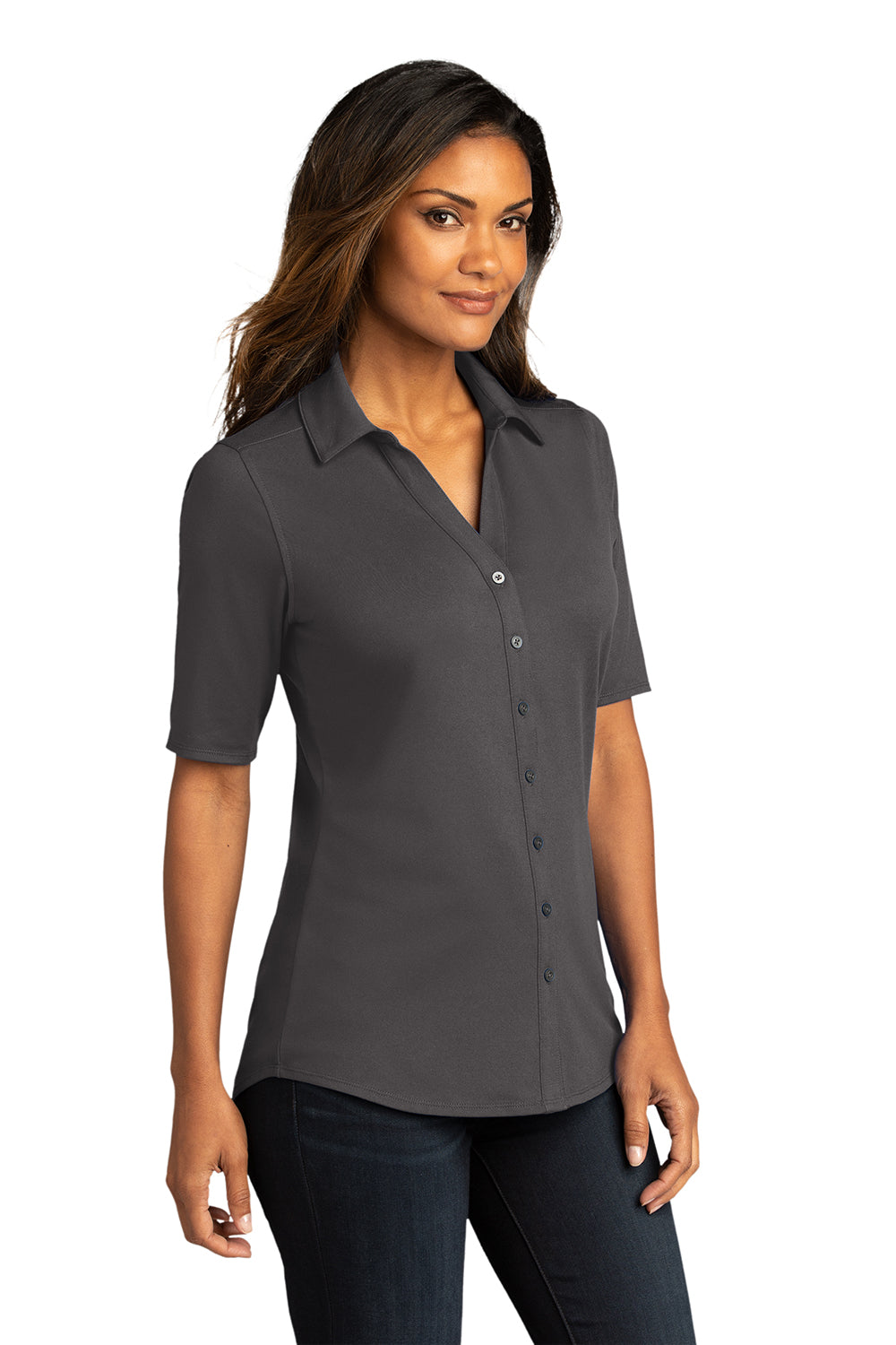 Port Authority LK682 Womens City Moisture Wicking Short Sleeve Button Down Shirt Graphite Grey Model 3q