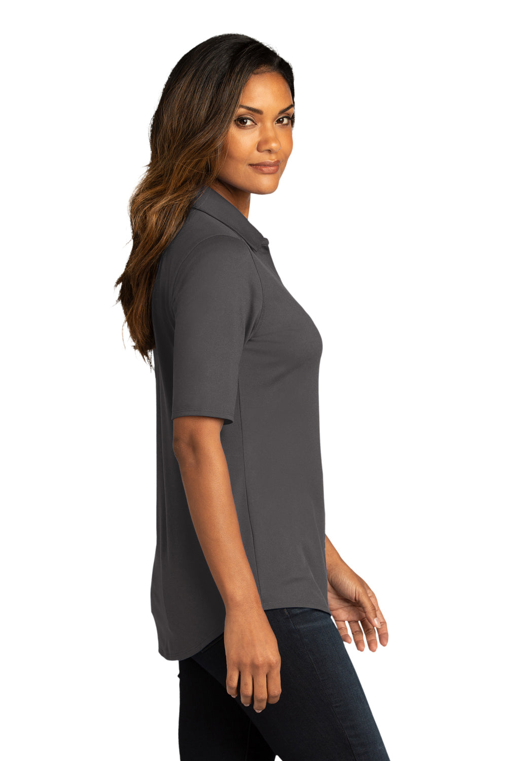 Port Authority LK682 Womens City Moisture Wicking Short Sleeve Button Down Shirt Graphite Grey Model Side