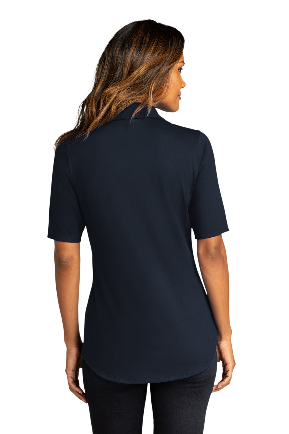 Port Authority LK682 Womens City Moisture Wicking Short Sleeve Button Down Shirt River Navy Blue Model Back