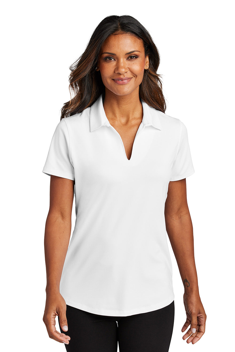 Port Authority LK683 Womens City Stretch Short Sleeve Polo Shirt White Model Front