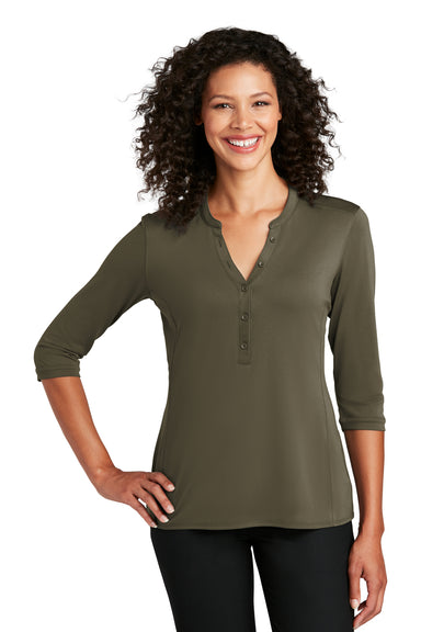 Port Authority LK750 Womens Moisture Wicking 3/4 Sleeve Polo Shirt Deep Olive Green Model Front