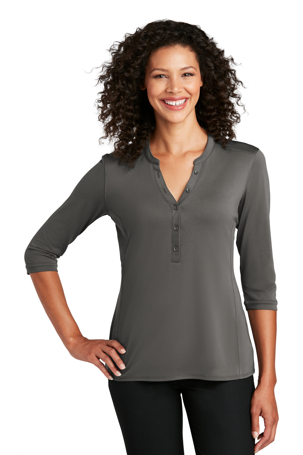 Port Authority LK750 Womens Moisture Wicking 3/4 Sleeve Polo Shirt Sterling Grey Model Front