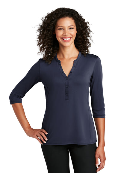 Port Authority LK750 Womens Moisture Wicking 3/4 Sleeve Polo Shirt True Navy Blue Model Front