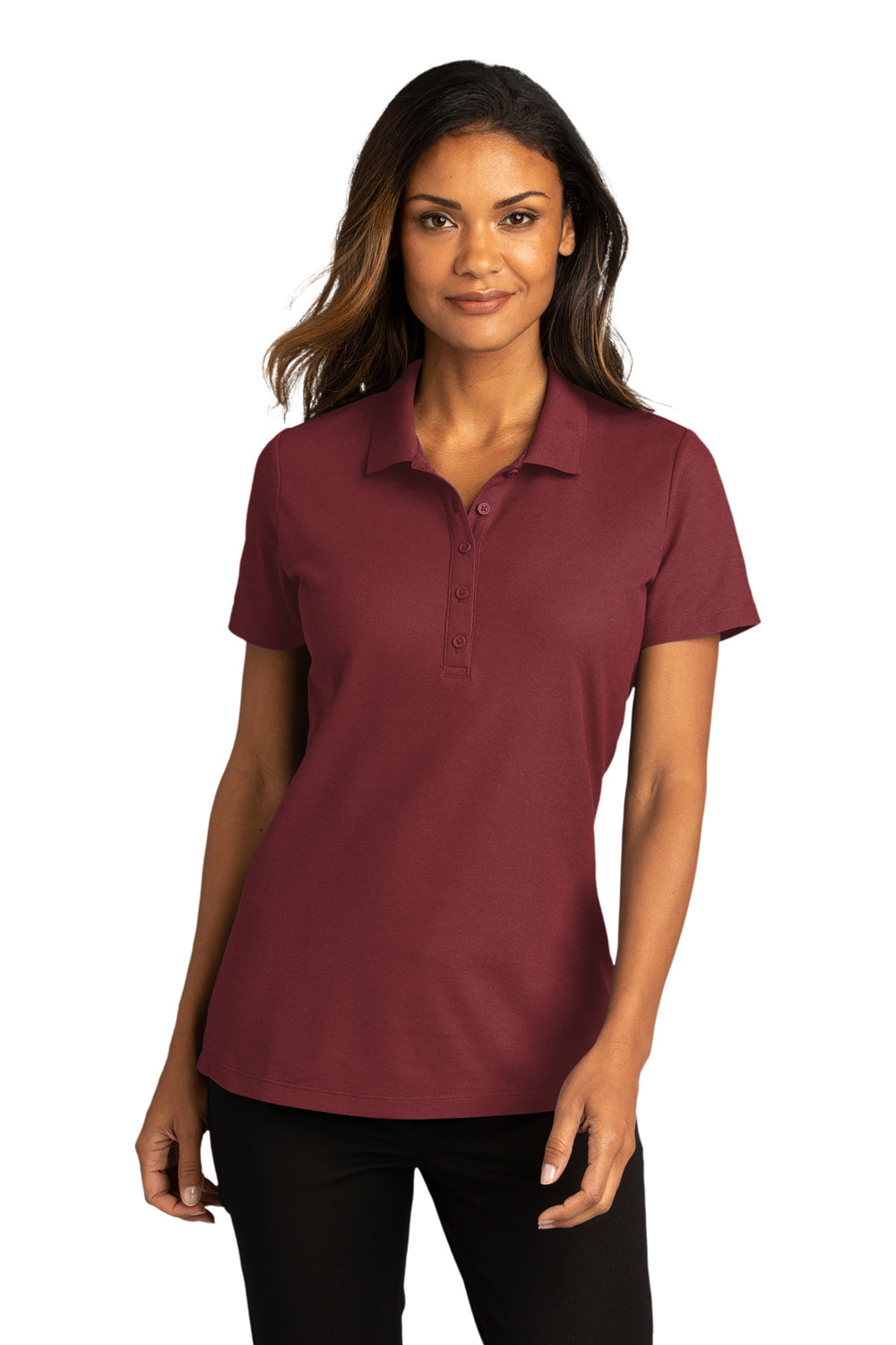 Port Authority LK810 Womens React SuperPro Snag Resistant Short Sleeve Polo Shirt Burgundy Model Front