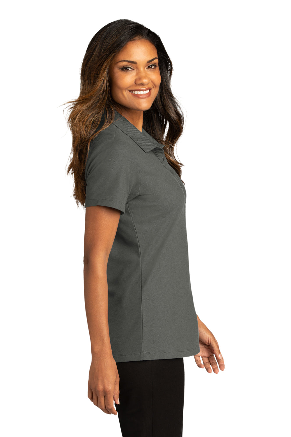 Port Authority LK810 Womens React SuperPro Snag Resistant Short Sleeve Polo Shirt Storm Grey Model Side