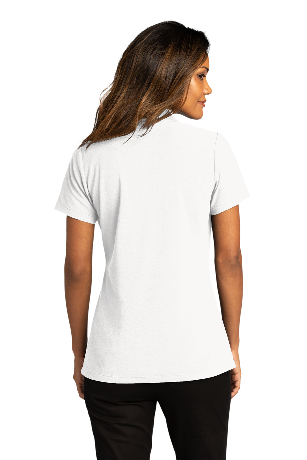 Port Authority LK810 Womens React SuperPro Snag Resistant Short Sleeve Polo Shirt White Model Back