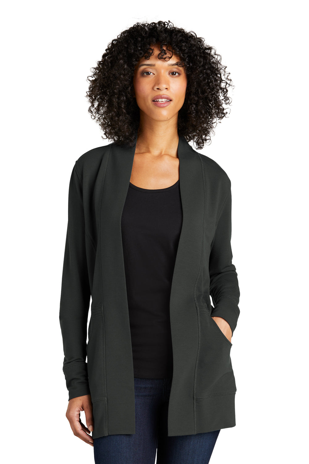 Port Authority LK825 Womens Microterry Snag Resistant Long Sleeve Cardigan Sweater Charcoal Grey Model Front