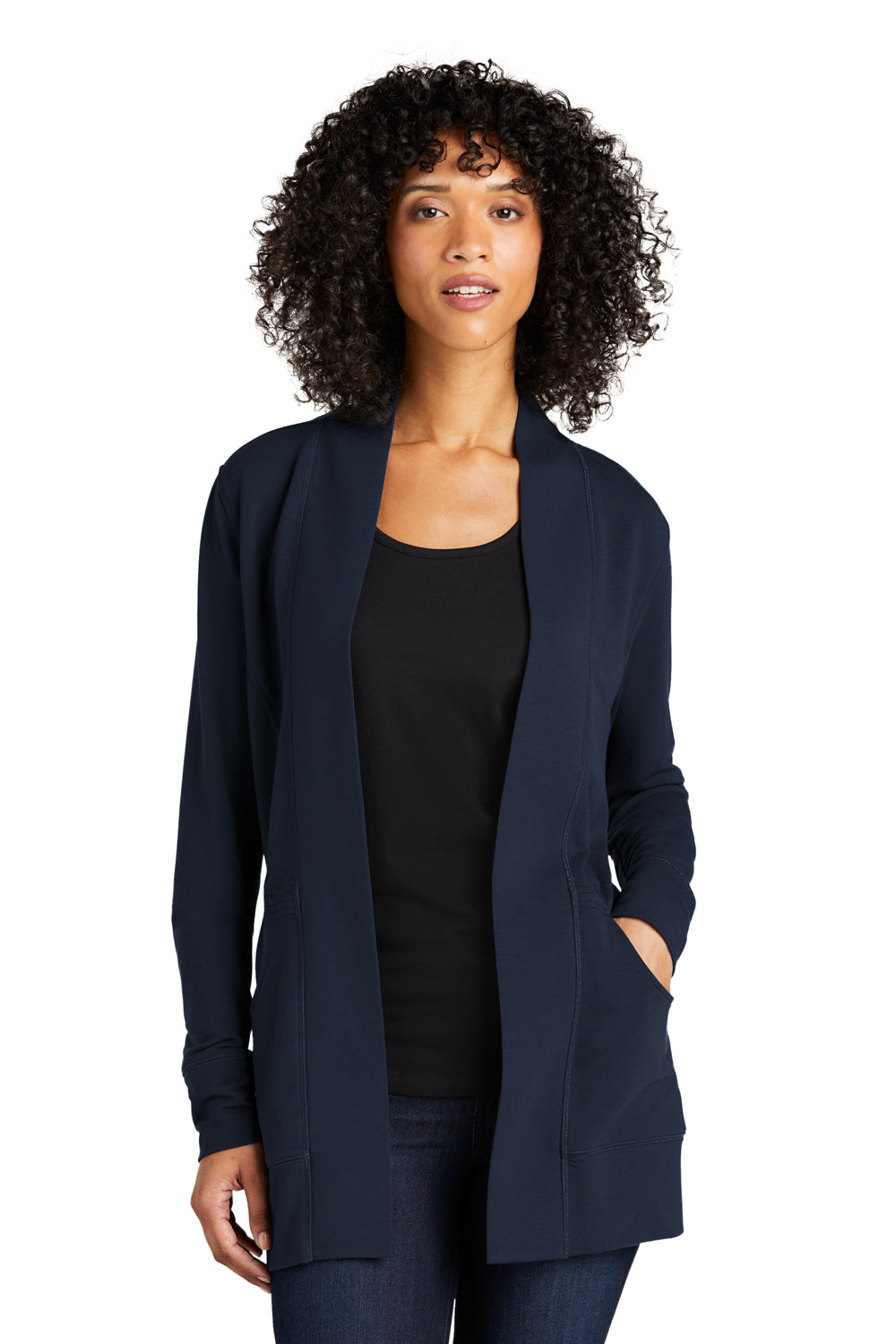 Port Authority LK825 Womens Microterry Snag Resistant Long Sleeve Cardigan Sweater River Navy Blue Model Front