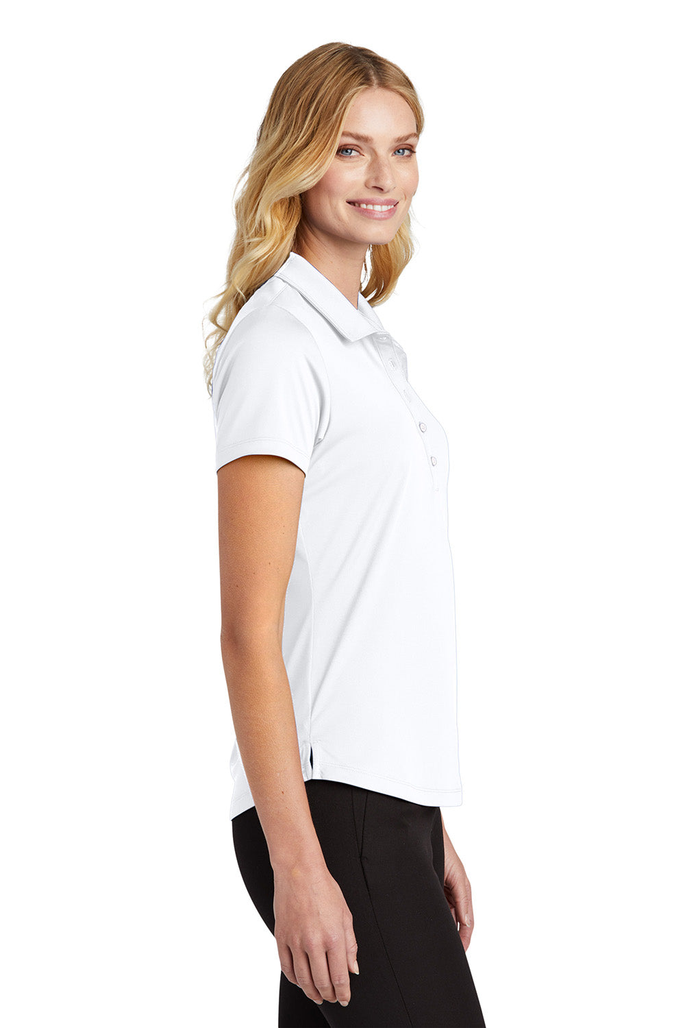 Port Authority LK864 Womens C-Free Performance Moisture Wicking Short Sleeve Polo Shirt White Model Side