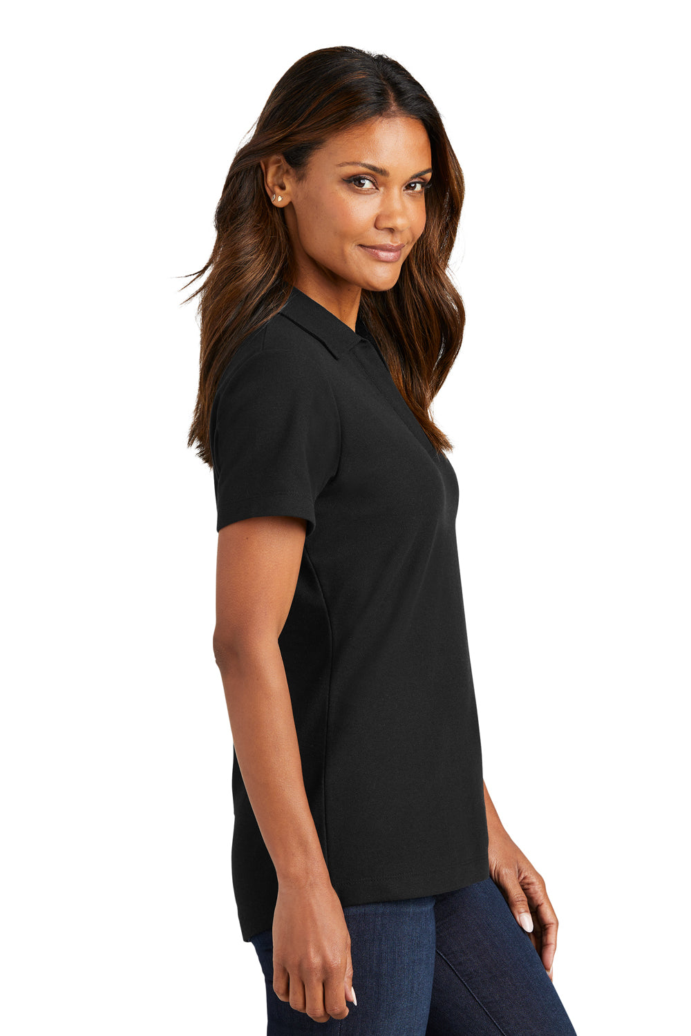 Port Authority LK867 Womens C-FREE Pique Short Sleeve Polo Shirt Black Model Side