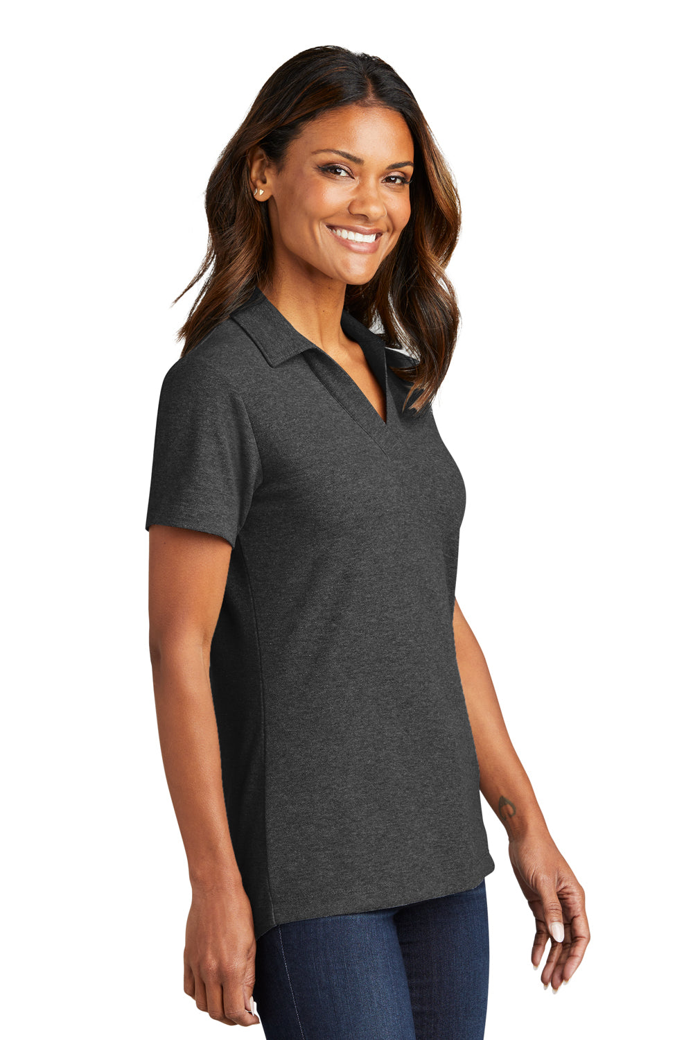 Port Authority LK867 Womens C-FREE Pique Short Sleeve Polo Shirt Heather Charcoal Grey Model Side