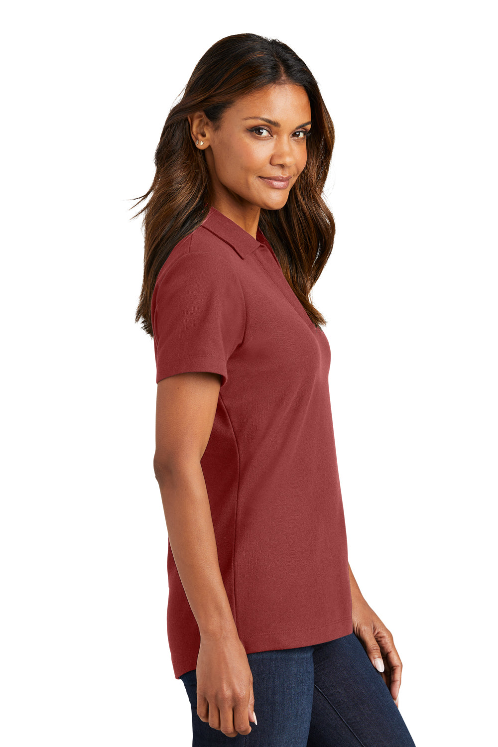 Port Authority LK867 Womens C-FREE Pique Short Sleeve Polo Shirt Garnet Red Model Side