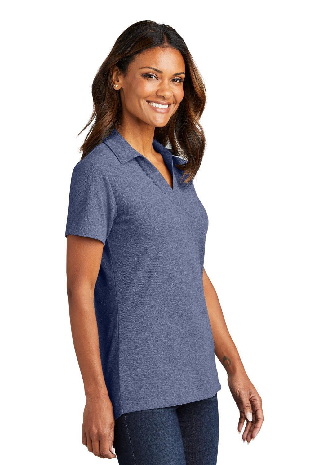 Port Authority LK867 Womens C-FREE Pique Short Sleeve Polo Shirt Heather Navy Blue Model Side