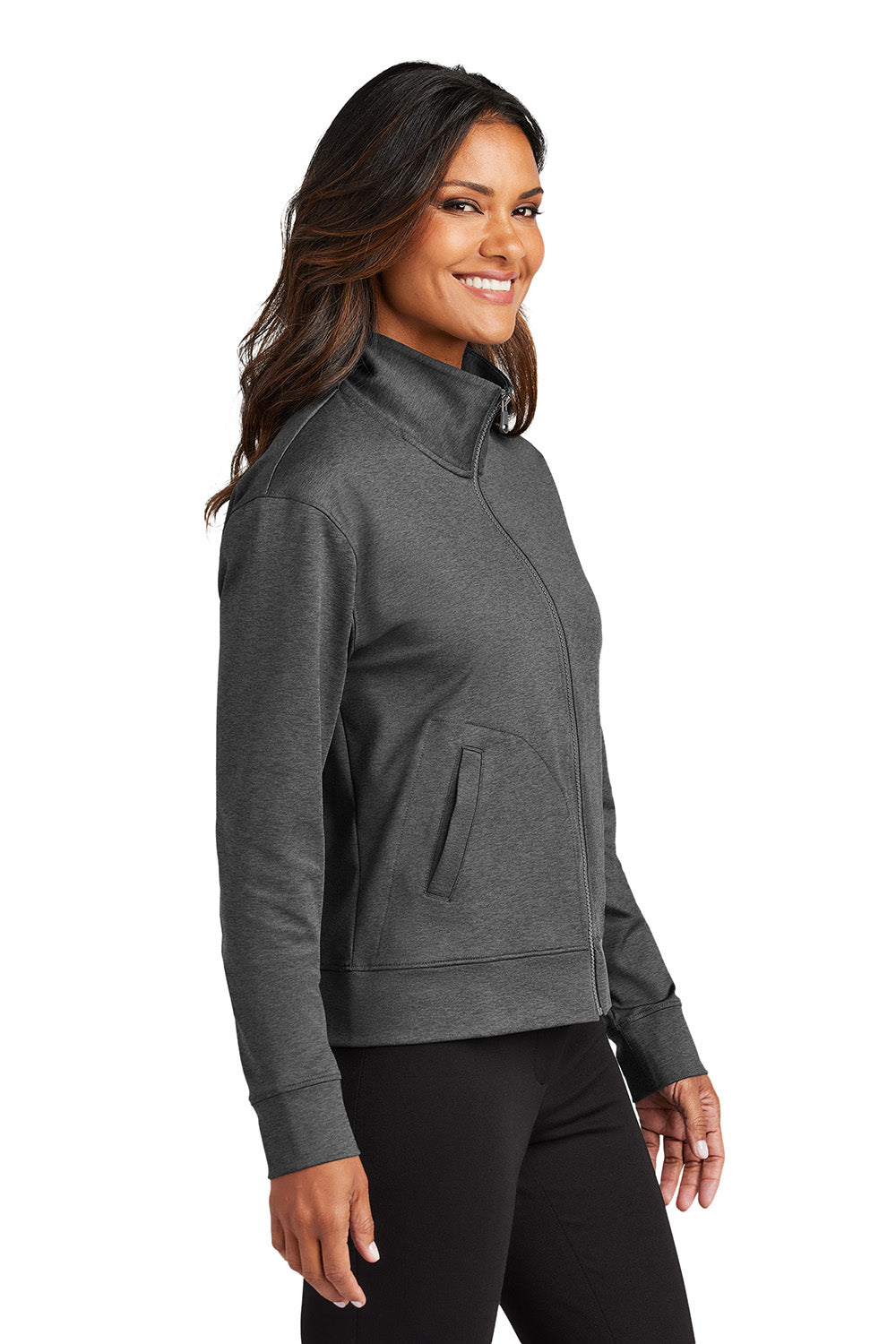 Port Authority LK881 Womens C-FREE Double Knit Full Zip Sweatshirt Heather Steel Grey Model Side