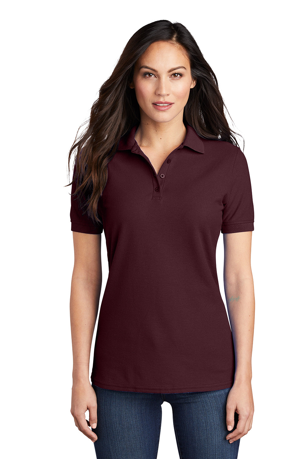 Port & Company LKP155 Womens Core Stain Resistant Short Sleeve Polo Shirt Athletic Maroon Model Front