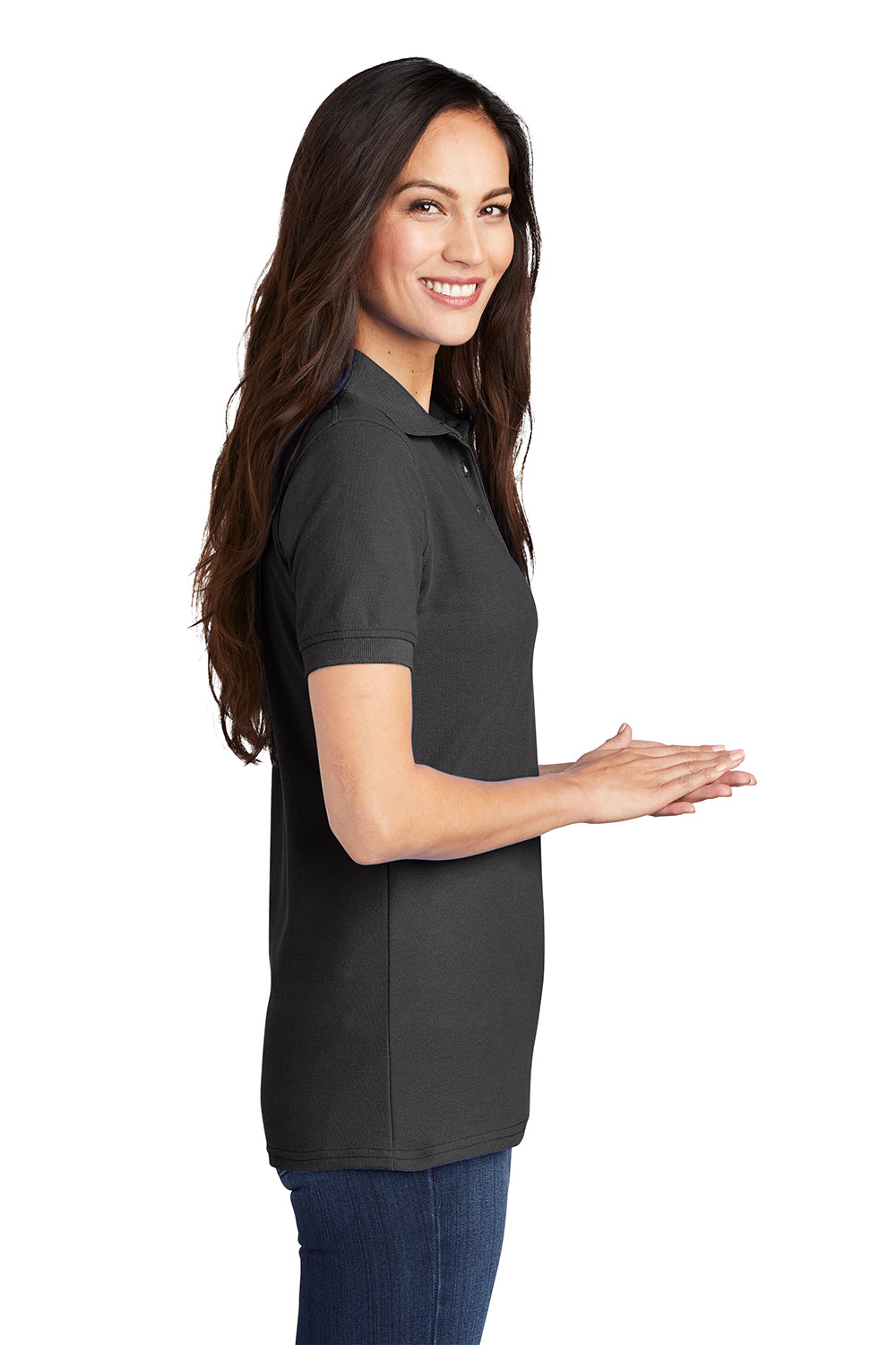 Port & Company LKP155 Womens Core Stain Resistant Short Sleeve Polo Shirt Charcoal Grey Model Side