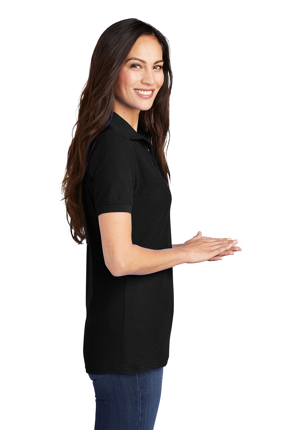 Port & Company LKP155 Womens Core Stain Resistant Short Sleeve Polo Shirt Jet Black Model Side