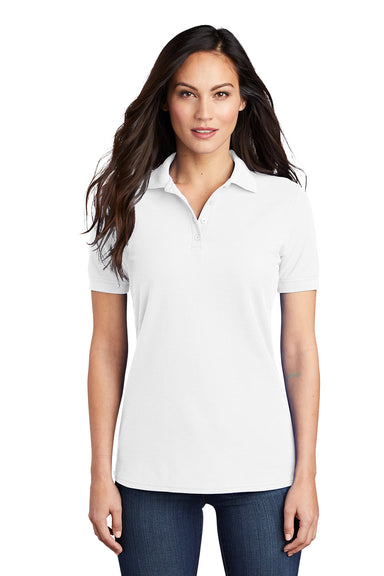 Port & Company LKP155 Womens Core Stain Resistant Short Sleeve Polo Shirt White Model Front