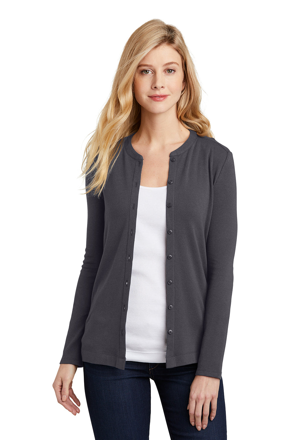 Port Authority LM1008 Womens Concept Long Sleeve Cardigan Sweater Smoke Grey Model Front