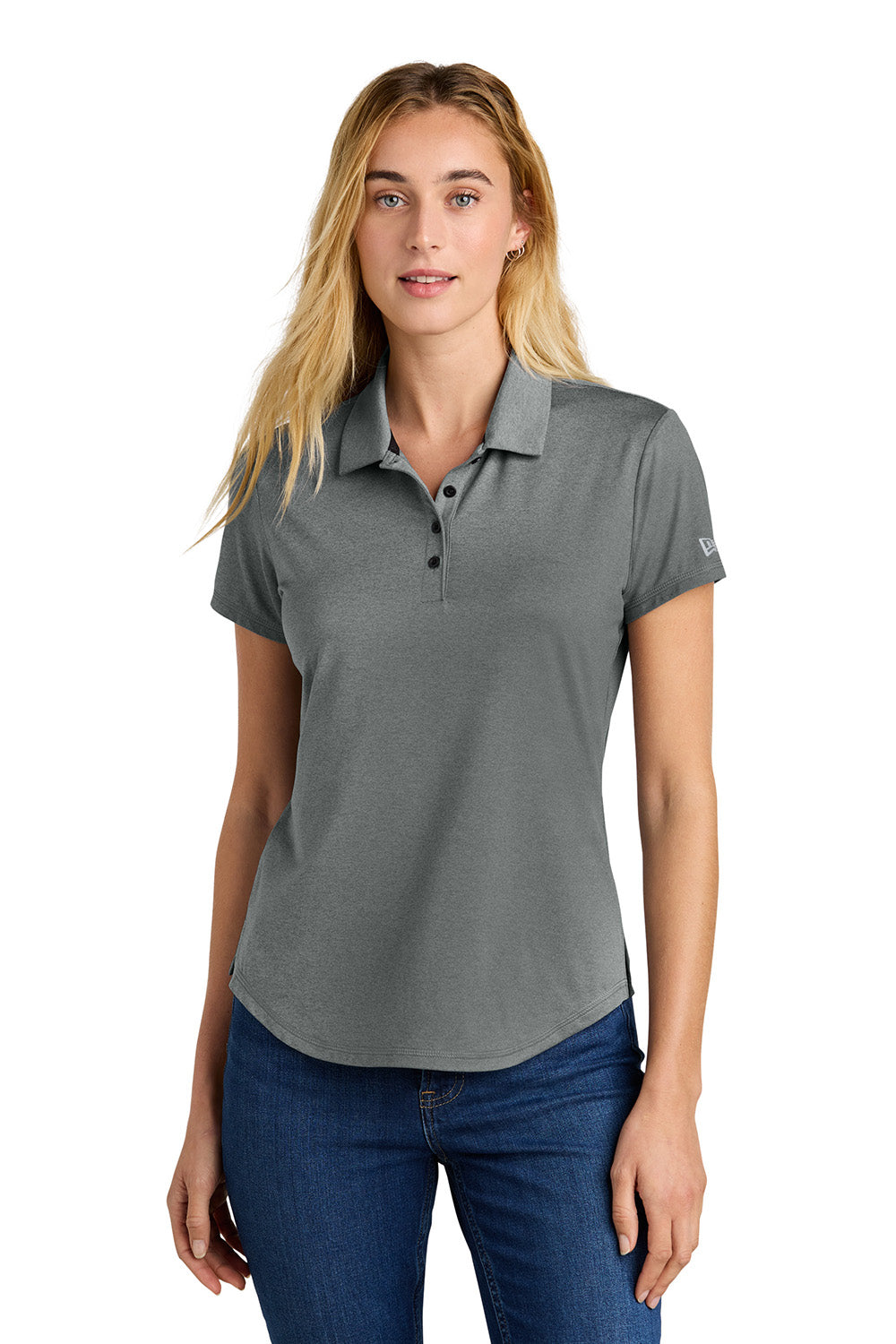 New Era LNEA225 Womens Power Short Sleeve Polo Shirt Heather Shadow Grey Model Front