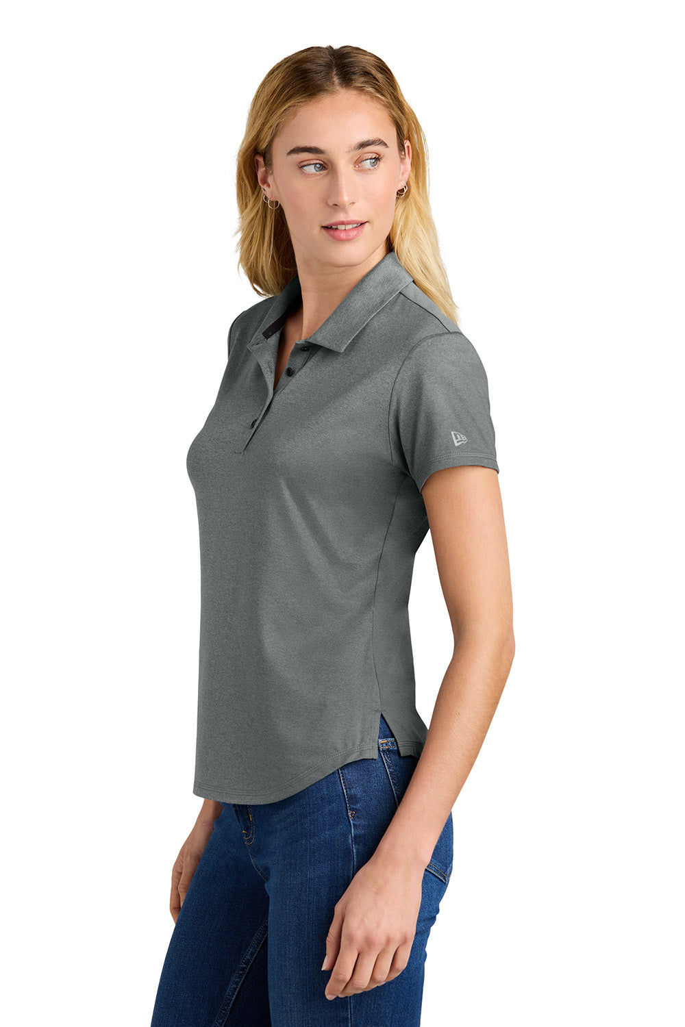 New Era LNEA225 Womens Power Short Sleeve Polo Shirt Heather Shadow Grey Model Side