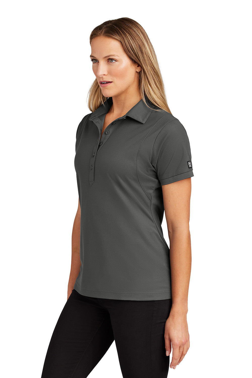 Ogio LOG101 Womens Jewel Moisture Wicking Short Sleeve Polo Shirt Diesel Grey Model Side